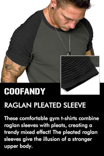 Men's Muscle T-Shirt Pleated Raglan Sleeve Gym Tee Short Sleeve Workout Shirt - Pattern3 Grey & Black