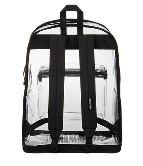 JanSport Clear Pack – 25.5L Transparent Backpack, Large Main Compartment, Side Water Bottle Pocket, Front Zippered Pocket, Mesh Bottom Panel, Clear