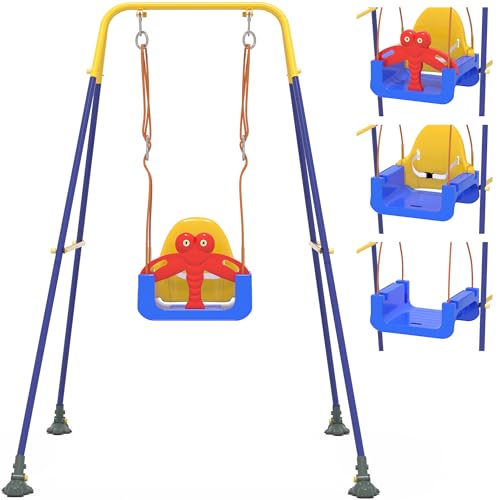 HAPPYMATY 3-in-1 Toddler Swing Set Blue Yellow - Indoor/Outdoor Baby Swing with Safety Belt & Sturdy Metal Stand