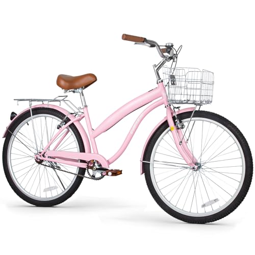 Pink 26-Inch Beach Cruiser Bike for Men Women City Commuter Bicycle