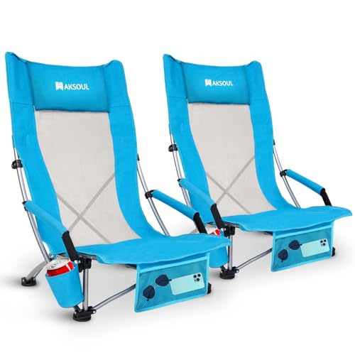 AKSOUL Blue Folding Beach Chairs 2 Pack - Portable Lightweight Sand Chairs with Cup Holders for Adults, Outdoor Camping & Lawn