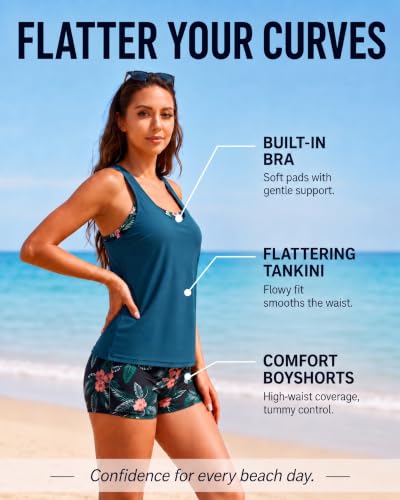 Women's 3 Piece Tankini Swimsuit with Tummy Control Boy Shorts - Large Green Floral