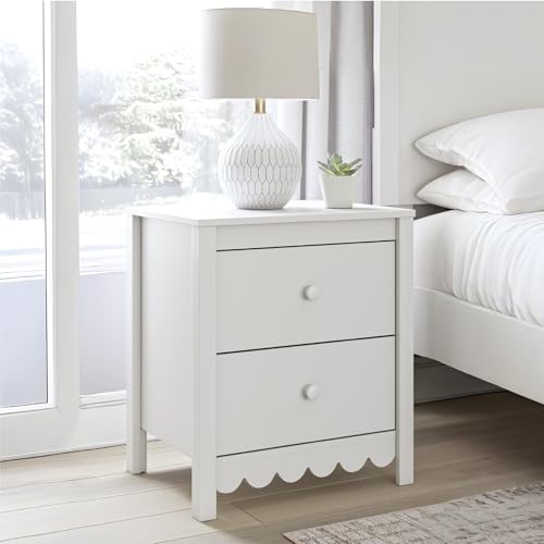 White Ashley Hallityn Nightstand with 2 Drawers, Scalloped Cottage Style