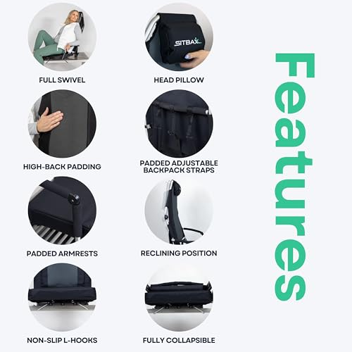 SitBax Black Padded Bleacher Seat with Recline & 360° Swivel - Portable Stadium Chair