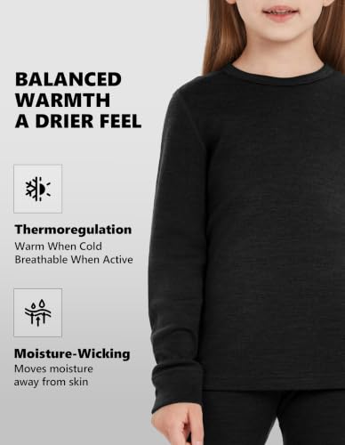 Kids Unisex Merino Wool Base Layer Set - Lightweight Thermal Underwear, Black, 11-12 Years | Woolcano