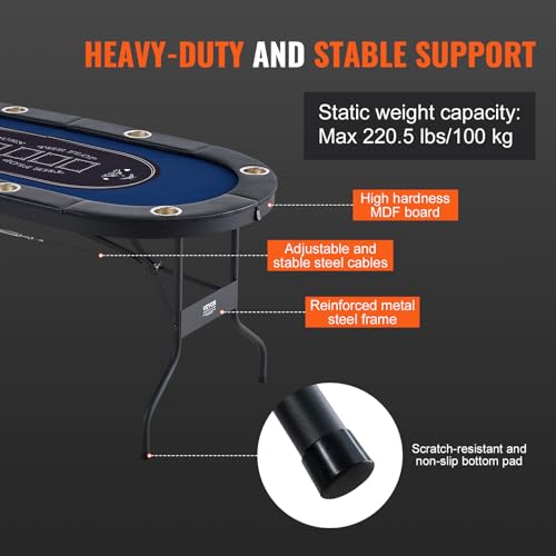 VEVOR 8-Player Foldable Poker Table 72in Casino Card Game Table with Cup Holders