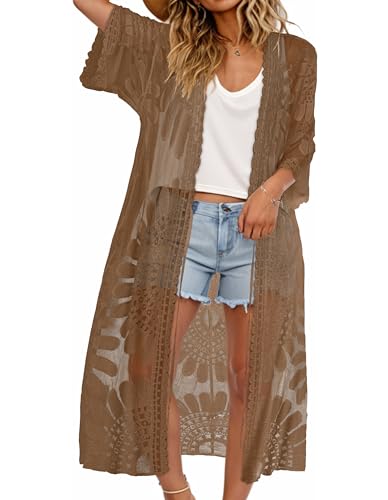 Women's Lace Beach Coverup Kimono Cardigan - One Size Brown