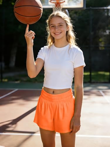 Girls Athletic Shorts 2 in 1 Elastic Waist Pockets Biker School Sports Teen Summer Y-Orange 11-12 Years