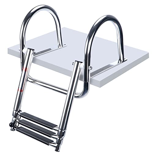 Heavy Duty Stainless Steel Pontoon Boat Ladder - Telescoping Rear Entry with Hand Rail