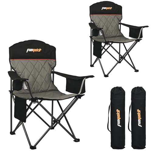 FUNYAKIT 2 Pack Oversized Padded Camping Chairs with Lumbar Support & Cooler Bag