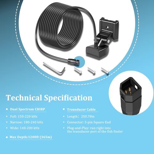Transom Transducer for Humminbird Helix 5/7/8/9/10/12 - 150-220kHz, 1200ft Depth, 20ft Cable