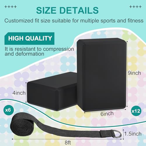 Black Yoga Blocks and Strap Set - 12 EVA Foam Blocks 6 Adjustable 8ft Straps