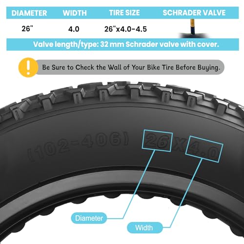 26x4.0 Inch Fat Bike Inner Tube - Schrader Valve, Puncture-Resistant Butyl Rubber, 2-Pack with Tire Levers