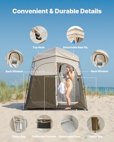 Camping Shower Tent 2-Room Foldable Privacy Enclosure with Stakes & Bag - Khaki 84x42x84 in