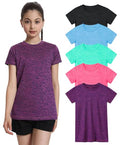 Girls Athletic T-Shirts Short Sleeve Dry Fit Tops 5 Pack - Medium Black Blue Green Red Purple