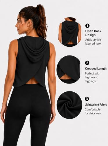 Remidoo Women's Open Back Sleeveless Hoodie Cropped Workout Tank Top