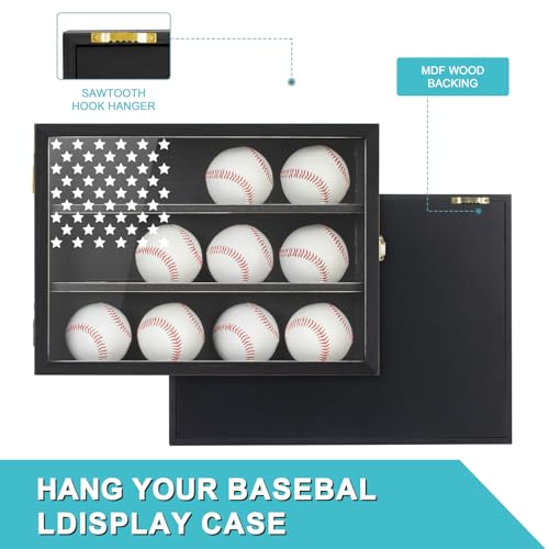 GYaozii Retro Baseball Display Case for 12 Balls with UV Protection Wood Frame - Black with Flag Detail
