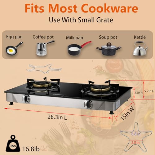 2 Burner Propane Gas Stove with Auto Ignition, 29000 BTU Outdoor Camping Cooktop - Heavy-Duty Tempered Glass, CSA Regulator & Hose Included