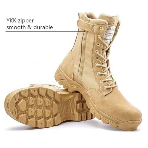 Men's Military Tactical Work Boots 9.5 Beige Side Zipper Desert Combat Lightweight Hiking