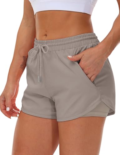 Women’s Running Shorts with Liner & 3 Zipper Pockets - Medium Khaki