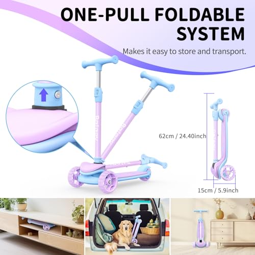 Purple Kids' 3 Wheel Folding Scooter with LED Light-Up Wheels, Adjustable Height