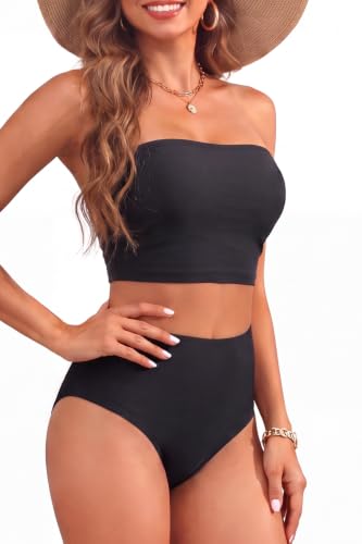 Large Black Strapless Bandeau Bikini Set - Two Piece Swimsuit