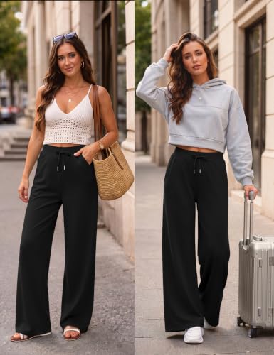LOMON Women's Wide Leg High Waist Lounge Joggers - Large Black