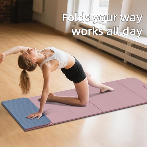 LVME Foldable Yoga Mat 71 x 24 Inches with Non-Slip Surface - Dusty Pink + Silver Blue