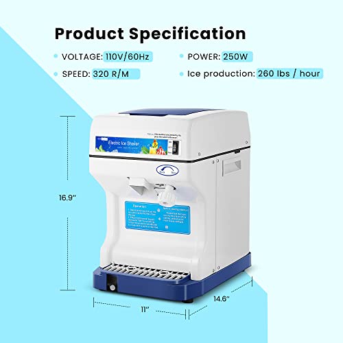 VIVOHOME Commercial Electric Ice Shaver 265lbs/hr Blue for Snow Cones & Slushies