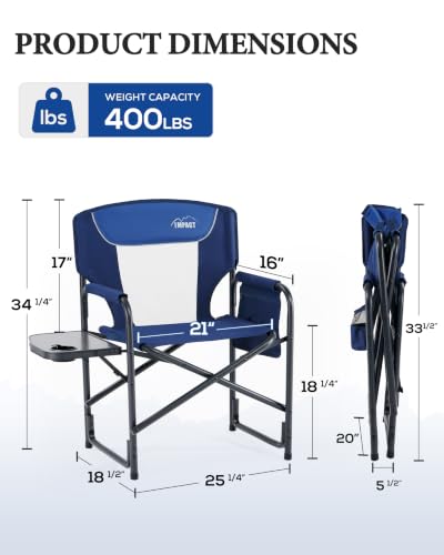 Heavy Duty Camping Folding Chair with Side Table 400lbs Support - Blue