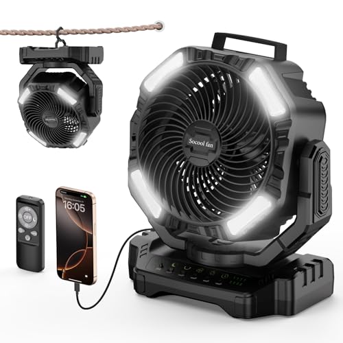 10 Inch Rechargeable Camping Fan with Remote, 40000mAh Battery, Oscillating & Light - Black