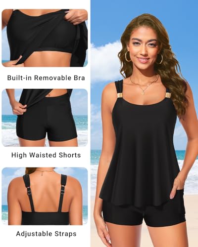 Women's Flowy Tankini Swimsuit with Tummy Control & Pocket Shorts - Medium Black
