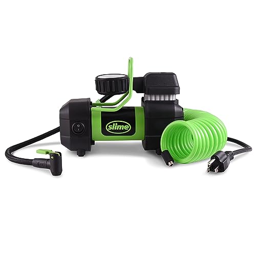 Slime Pro Power Wall Mounted Tire Inflator 120V SUV & 4x4 Air Compressor with Analog 100 psi Gauge, Long Hose, LED Light
