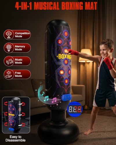 Aywewii Kids Punching Bag Set Black with Music & Light, 4 Game Modes