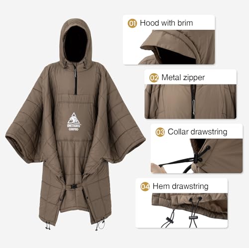 ONETIGRIS Brown Camping Blanket Poncho - Wearable Hoodie for Outdoors
