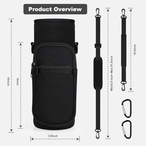 Crossbody Water Bottle Holder with Strap & Phone Pocket - Black, 40 Ounces