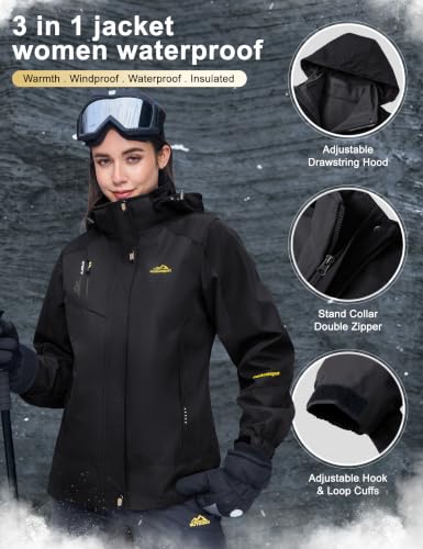 Women's 3-in-1 Winter Snow Ski Jacket Waterproof Windproof Fleece Lined Black Large