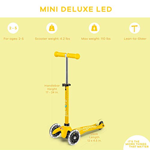 Micro® Mini Deluxe LED Scooter 3 Wheels for Toddlers - Yellow, 21.06x9.25x36.61 inches