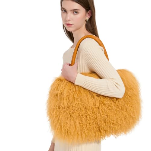 Women Luxury Real Curly Mongolian Lamb Fur Purse - Camel Variation