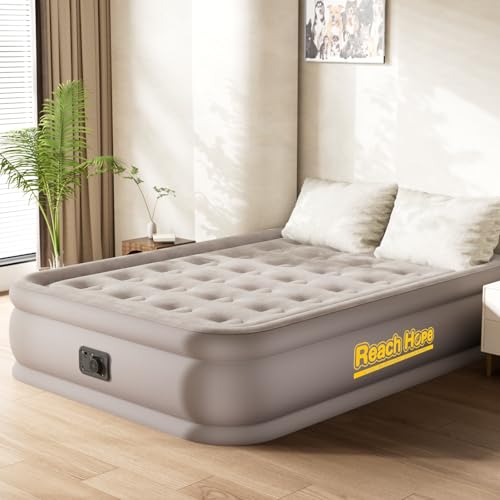 Khaki Full-Size Air Mattress with Built-In Pump 18-Inch Self-Inflating Bed