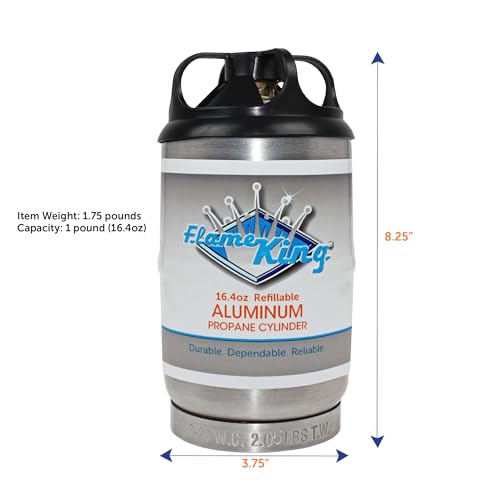 Flame King Aluminum Propane Cylinder Tank 1LB Refillable, Corrosion-Resistant, Camping & Small Appliances