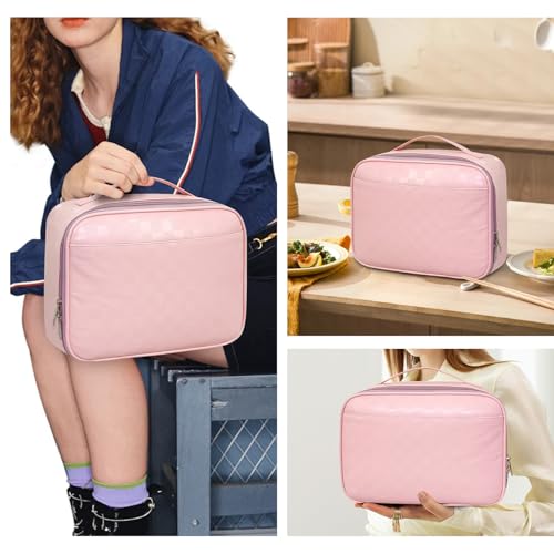 Pink PU Leather Lunch Bag for Women Men Reusable Insulated Cooler Tote