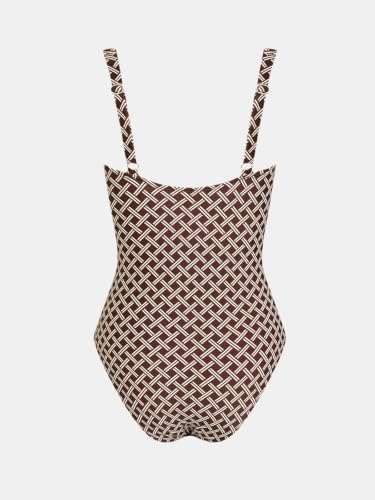 Women’s One Piece Swimsuit Square Neck Bathing Suit Ruched Tummy - Medium, Deep Wine/Geo