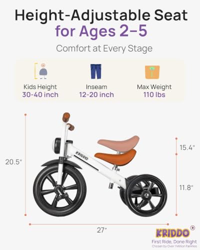 KRIDDO Toddler Tricycle with Front Light - White, 2-5 Years, Safety-Designed Ride-on
