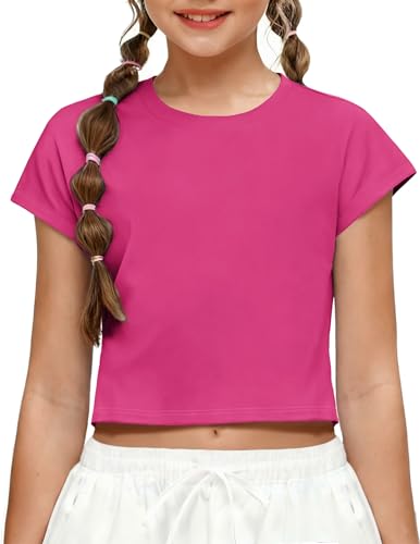 Girls Batwing Short Sleeve Athletic Crop Top T-Shirt - Hot Pink, 9-10 Years