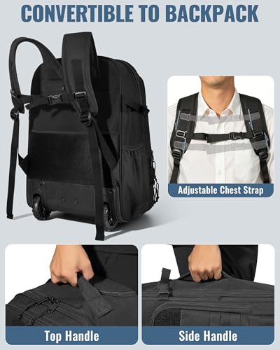 17-Inch Rolling Tactical Laptop Backpack with Wheels for Men, Black