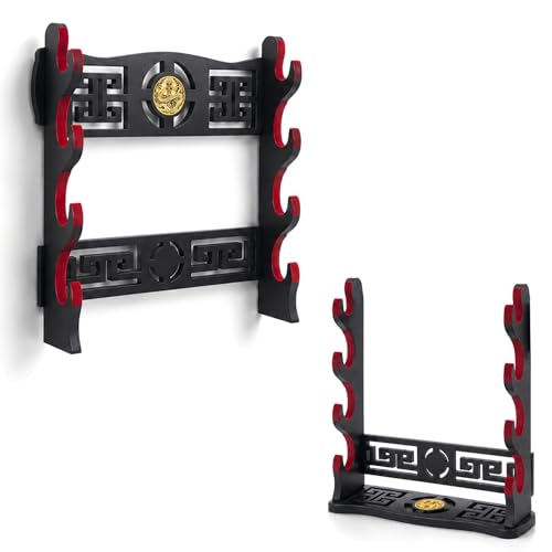 4-Tier Sword Wall Mount & Desktop Rack with Red Velvet Lining, Wall & Freestanding Display