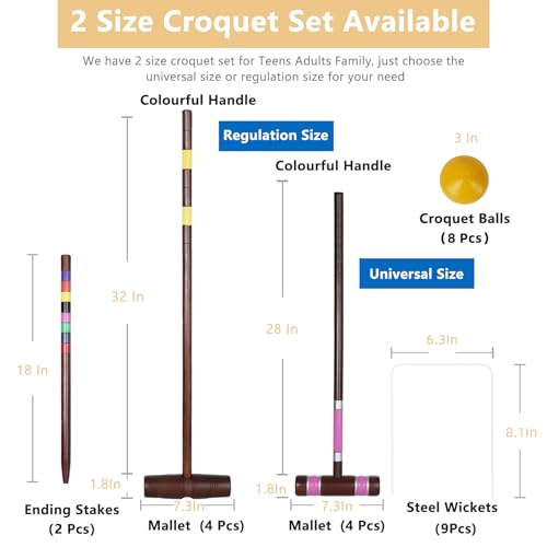 SpeedArmis Antique Finish 28In & 32In Croquet Set with Rubber Wood Mallets - Family Lawn Game