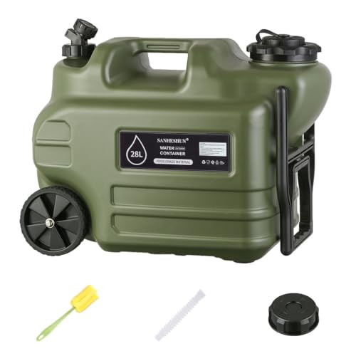 Sanheshun 7.4 Gallon (28L) Portable Water Jug with Wheels & Handle - Green, Leak-Proof Outdoor Water Container