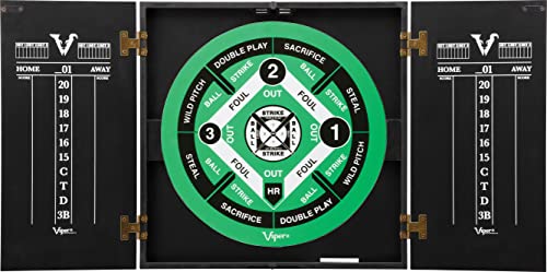 Viper Hideaway Dartboard Cabinet Set Bundle with Reversible Steel Tip & Baseball Games, 2 Darts, Chalk Scoreboards, Matte Black Finish
